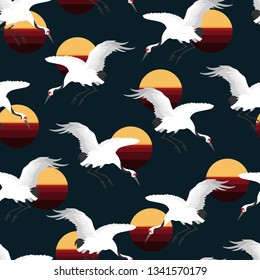 Japanese crane and sunset seamless, illustrated pattern. 80's inspired neon colored birds in flight for gift wraps, fabrics, wall-hangings, stationery and interior design. 