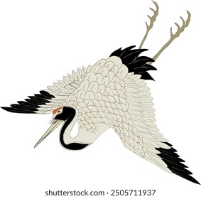 Japanese crane ukiyo-e hand drawn vector illustration. Crane in Japan symbol of luck and goodness. Asian bird flying.