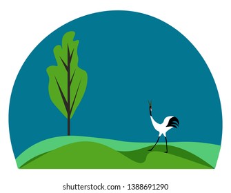 A Japanese crane white bird with a dark bill  black crown and tufted rump feathers toward the end of the body  walks in a green grassland with a tree  vector  color drawing or illustration