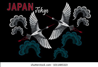 Japanese cranes birds with sea waves.  Embroidery for Fashion. Vector illustration.