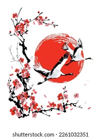 Japanese Cranes and a branch of cherry blossoms against the background of the red sun. Vector illustration. Design in traditional oriental style.