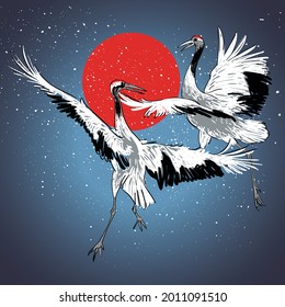 Japanese cranes in the dance. Birds in the mating season perform a dance to find a mate. Vector illustration in sketch style, with the image of cranes. In the background is the moon and a tree, it's s