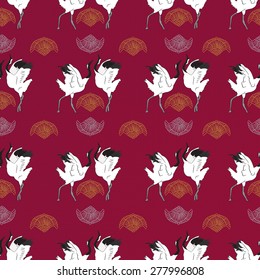 Japanese cranes and a fan, seamless pattern - vector illustration