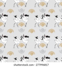 Japanese cranes and a fan, seamless pattern - vector illustration