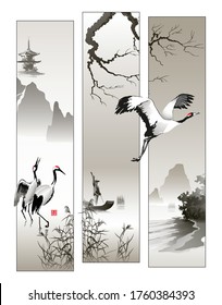 Japanese cranes and fishermen on the lake. Modular illustration in oriental style. The meaning of hieroglyphs in print is beauty in nature. Vector.