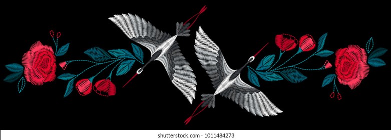 Japanese cranes with flowers.  Embroidery for Fashion. Vector illustration.