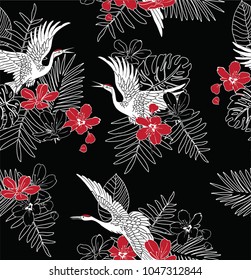 japanese cranes pattern and red flowers