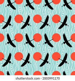 Japanese cranes silhouette abstract vector seamless pattern