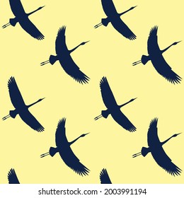 Japanese cranes silhouette abstract vector seamless pattern