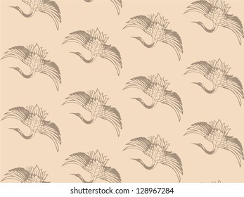 japanese cranes vector seamless background - elegant beige wingspread birds