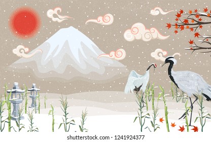 Japanese cranes winter on sunset