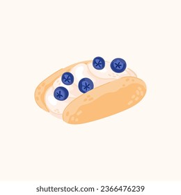 Japanese cream bun with blueberry vector. Japan Asian sweet food illustration isolated on beige background