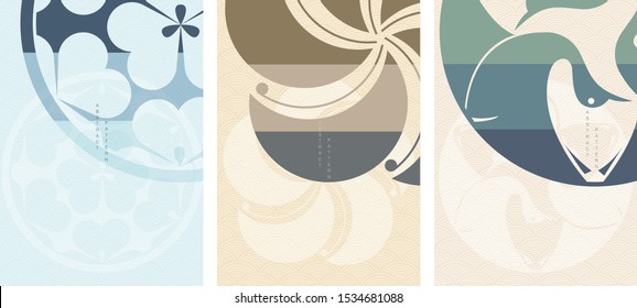 Japanese crest background with wave pattern vector. Asian traditional template and layout design. Crane birds and flower icon elements.