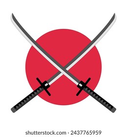 Japanese crossed katana swords on a red circle background.