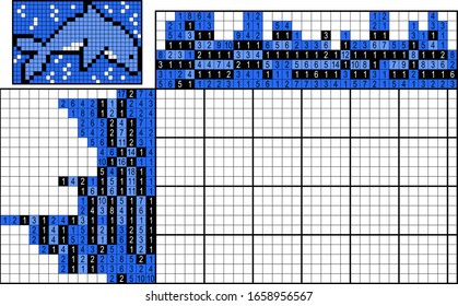 Japanese crossword. Colorful. Paint by number puzzle. Education game for children. Dolphin