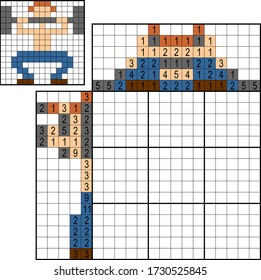Japanese crossword. Colorful. Paint by number puzzle. Education game for children. Weightlifter