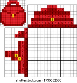 Japanese crossword. Colorful. Paint by number puzzle. Education game for children. Red bag