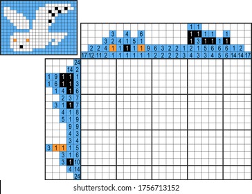 Japanese crossword. Colorful. Paint by number puzzle. Education game for children. Polar owl