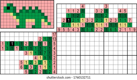 Japanese crossword. Colorful. Paint by number puzzle. Education game for children. Dinosaur