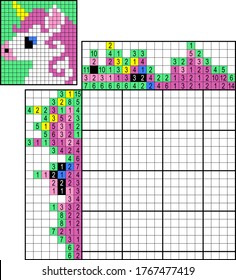 Japanese crossword. Colorful. Paint by number puzzle. Education game for children. Unicorn