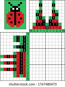 Japanese crossword. Colorful. Paint by number puzzle. Education game for children. Ladybug