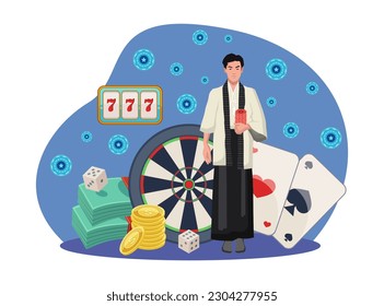 Japanese croupier at casino vector illustration. Money, cards, coins, slot machine, tokens and dartboard on white background. Gambling resort, casino, entertainment concept