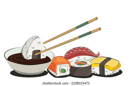 japanese cuisine, asian food. for restaurant menus and posters. delivery sites vector flat illustration isolated on white background. sushi rolls onigiri soy sauce set. stock picture