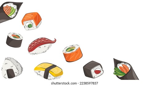 japanese cuisine, asian food. for restaurant menus and posters. delivery sites vector flat illustration isolated on white background. sushi rolls onigiri soy sauce set. stock picture