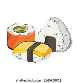 Japanese cuisine, asian food. for restaurant menus and posters.   delivery sites vector flat illustration isolated on white background. sushi rolls onigiri soy sauce set. stock picture.