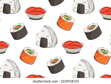 japanese cuisine, asian food. vector pattern flat illustration isolated on white background. sushi rolls onigiri soy sauce set seamless pattern. stock picture. for restaurant menus and posters. 