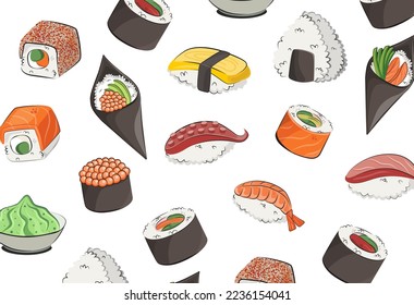 japanese cuisine, asian food. vector pattern flat illustration isolated on white background. sushi rolls onigiri soy sauce set seamless pattern. stock picture. for restaurant menus and posters. 