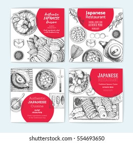 Japanese cuisine banner set. Asian food card collection. Authentic dishes sketch. Vintage vector illustration. Japanese food engraved design template.