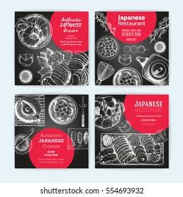 Japanese cuisine banner set. Asian food card collection. Authentic dishes sketch. Vintage vector illustration. Japanese food engraved design template.