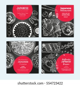 Japanese cuisine banner set. Asian food card collection. Authentic dishes sketch. Vintage vector illustration. Japanese food engraved design template.