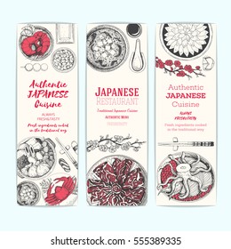 Japanese cuisine banner set. Asian food collection. Authentic dishes sketch. Vintage vector illustration. Japanese food engraved design template.