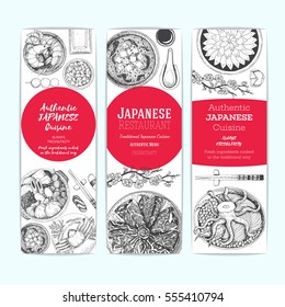 Japanese cuisine banner set. Asian food collection. Authentic dishes sketch. Vintage vector illustration. Japanese food engraved design template.