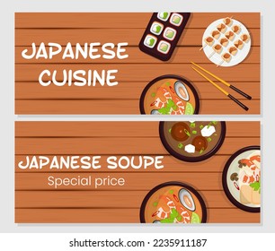 Japanese cuisine banner set on the wooden background with different food. Top view.