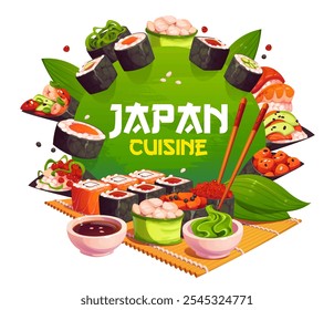 Anuncio de cocina japonesa con sushi y rollos, Vector de comida de restaurante de Japón. Caricatura temaki, maki y nigiri, futomaki, hosomaki y rollos gunkan. Conjunto de sushi con palillos, salsa de soja y cuencos de wasabi