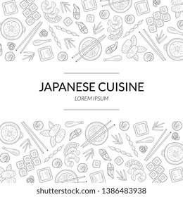 Japanese Cuisine Banner Template with Asian Food Menu Hand Drawn Pattern, Card Template For Restaurant or Cafe Menu Vector Illustration