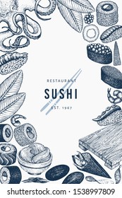 Japanese cuisine banner template. Sushi hand drawn vector illustrations. Retro style asian food background.