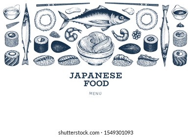 Japanese cuisine banner template. Sushi hand drawn vector illustrations. Retro style asian food background.