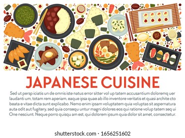 Japanese cuisine banner template with text. Sashimi, sushi, ramen noodle soup, onigiri, gyoza dumpling, curry rice, grilled fish, soy sauce, cold tofu dishes layout, top view. Vector illustration.