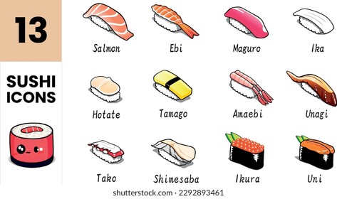 Japanese cuisine, collection of 13 sushi in vector