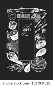 Japanese cuisine design template. Sushi hand drawn vector illustration on chalk board. Vintage style sian food background.