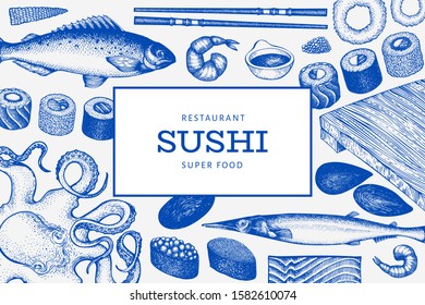 Japanese cuisine design template. Sushi hand drawn vector illustrations. Vintage style Asian food background.
