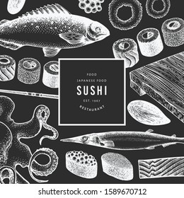 Japanese cuisine design template. Sushi hand drawn vector illustration on chalk board. Vintage style Asian food background.