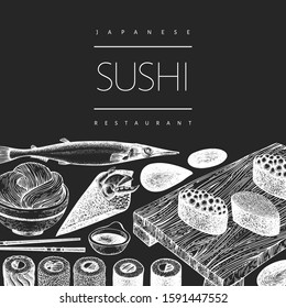 Japanese cuisine design template. Sushi hand drawn vector illustration on chalk board. Vintage style asian food background.