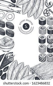 Japanese cuisine design template. Sushi hand drawn vector illustrations. Vintage style Asian food background.