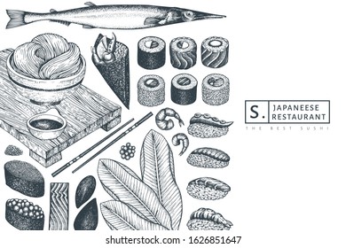 Japanese cuisine design template. Sushi hand drawn vector illustrations. Retro style Asian food background.