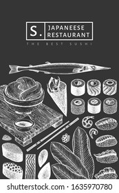 Japanese cuisine design template. Sushi hand drawn vector illustration on chalk board. Retro style asian food background.